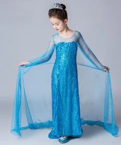 Hallowitch Costumes Frozen Elsa Long Dress With Sequins And Trail For Girls