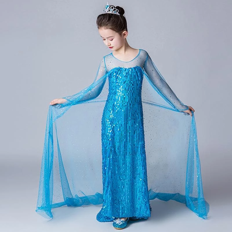 Hallowitch Costumes Frozen Elsa Long Dress With Sequins And Trail For Girls 4 Hallowitch Costumes Frozen Elsa Long Dress With Sequins And Trail For Girls