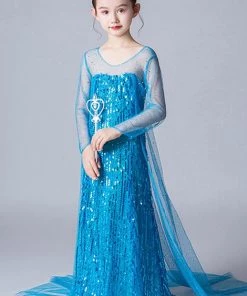 Hallowitch Costumes Frozen Elsa Long Dress With Sequins And Trail For Girls