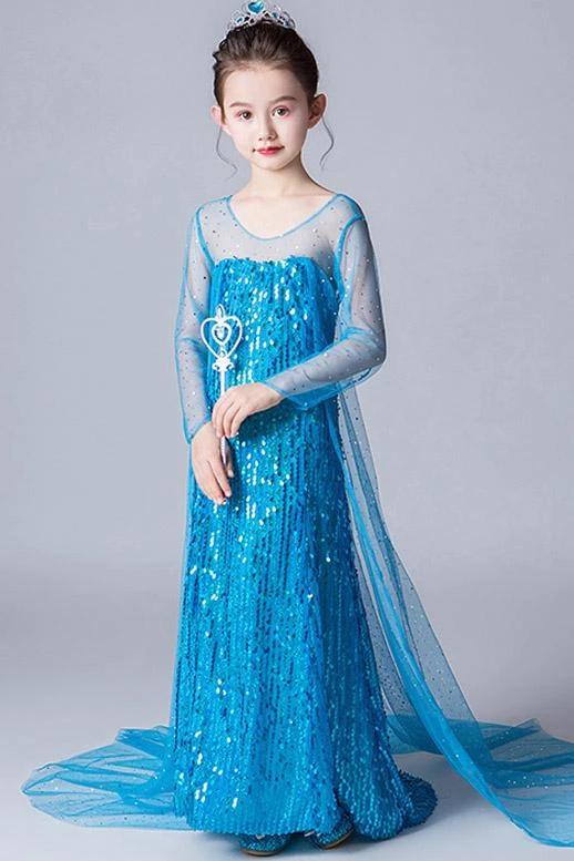 Hallowitch Costumes Frozen Elsa Long Dress With Sequins And Trail For Girls 3 Hallowitch Costumes Frozen Elsa Long Dress With Sequins And Trail For Girls
