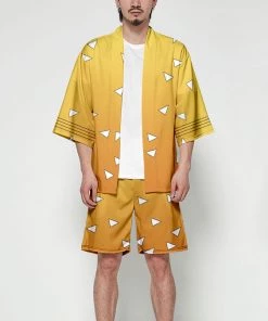 Hallowitch Costumes Zenitsu Agatsuma Kimono And Shorts Demon Slayer Costume